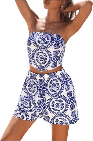 WDIRARA Women's Two Piece Graphic Print Bandeau Crop Tube Tops and High Waist Pockets Shorts Outfits Set in Saudi Arabia