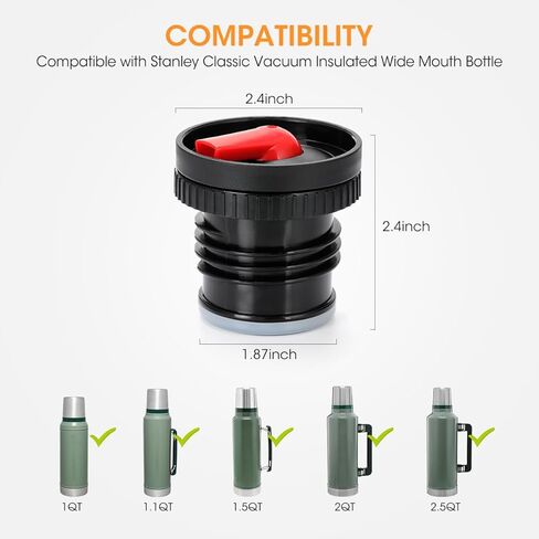 Aieve Thermos Stopper Pico De Mate بديل لزجاجة ستانلي الكلاسيكية المعزولة بفراغ واسع الفم، مقاومة للتسرب ومضادة للرذاذ باللون الأسود والأحمر (1QT، 1.1QT، 1.5QT، 2QT، 2.5QT) in Kuwait