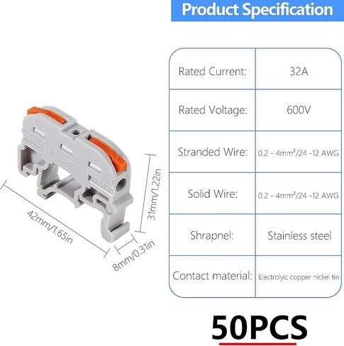 50PCS DIN Rail Terminal Blocks Kit, Universal Compact Lever Wire Connector for Electrical Wires, Detachable Ground Circuit Terminal Blocks for Circuit Inline 28-12 AWG in Kuwait