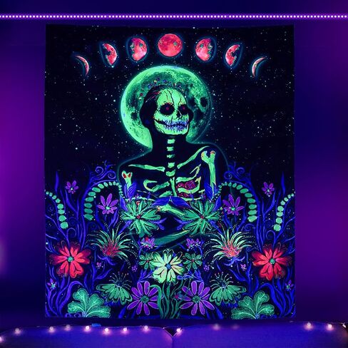 نسيج هيكل عظمي vaoruteng Blacklight، مفروشات جمجمة القمر التفاعلية للأشعة فوق البنفسجية لديكور غرفة Trippy، خلفية حفلات الفضاء التجميلية Trippy، ملصقات رائعة باللون الأسود لغرفة النوم in Saudi Arabia