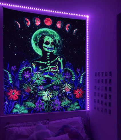 نسيج هيكل عظمي vaoruteng Blacklight، مفروشات جمجمة القمر التفاعلية للأشعة فوق البنفسجية لديكور غرفة Trippy، خلفية حفلات الفضاء التجميلية Trippy، ملصقات رائعة باللون الأسود لغرفة النوم in Saudi Arabia