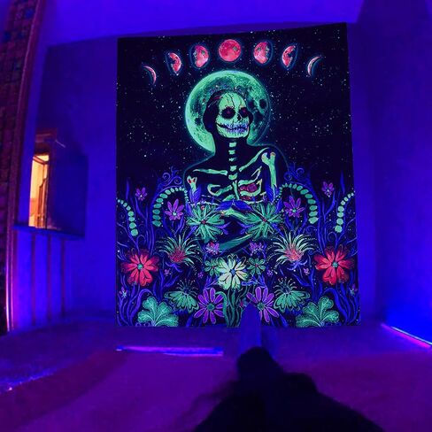 نسيج هيكل عظمي vaoruteng Blacklight، مفروشات جمجمة القمر التفاعلية للأشعة فوق البنفسجية لديكور غرفة Trippy، خلفية حفلات الفضاء التجميلية Trippy، ملصقات رائعة باللون الأسود لغرفة النوم in Saudi Arabia