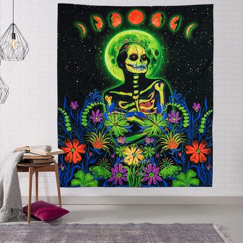 نسيج هيكل عظمي vaoruteng Blacklight، مفروشات جمجمة القمر التفاعلية للأشعة فوق البنفسجية لديكور غرفة Trippy، خلفية حفلات الفضاء التجميلية Trippy، ملصقات رائعة باللون الأسود لغرفة النوم in Saudi Arabia