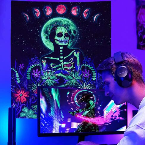 نسيج هيكل عظمي vaoruteng Blacklight، مفروشات جمجمة القمر التفاعلية للأشعة فوق البنفسجية لديكور غرفة Trippy، خلفية حفلات الفضاء التجميلية Trippy، ملصقات رائعة باللون الأسود لغرفة النوم in Saudi Arabia