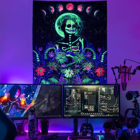 نسيج هيكل عظمي vaoruteng Blacklight، مفروشات جمجمة القمر التفاعلية للأشعة فوق البنفسجية لديكور غرفة Trippy، خلفية حفلات الفضاء التجميلية Trippy، ملصقات رائعة باللون الأسود لغرفة النوم in Saudi Arabia