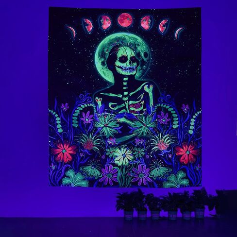 نسيج هيكل عظمي vaoruteng Blacklight، مفروشات جمجمة القمر التفاعلية للأشعة فوق البنفسجية لديكور غرفة Trippy، خلفية حفلات الفضاء التجميلية Trippy، ملصقات رائعة باللون الأسود لغرفة النوم in Saudi Arabia
