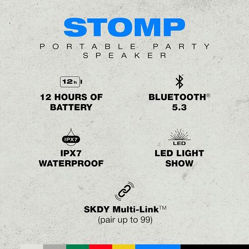 مكبر صوت بلوتوث Stomp XL - مكبر صوت لاسلكي محمول مقاوم للماء IPX5، مع عرض ضوئي LED وأوضاع ستروب، بطارية 12 ساعة، وصلات متعددة، وشحن مخرج USB-C وUSB-A، أسود in Kuwait