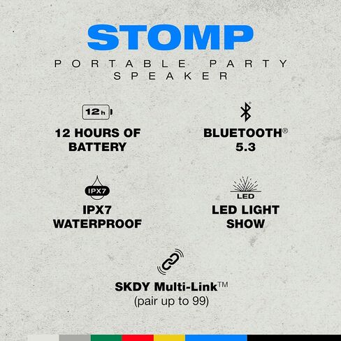 Stomp XL Bluetooth Speaker – IPX5 Waterproof Wireless Portable Speaker, with LED Lightshow & Strobe Modes, 12 Hour Battery, Multi-Link, & USB-C & USB-A Output Charging, Black in Saudi Arabia