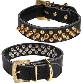 Dog Collar,LOVPE Luxury Gold Rhinestones Buckle Soft Leather Mushrooms Rivet and Gold Spikes Studded Personalized Collar for Small Medium Large Dogs Breeds Pit Bull (M (Neck for 12-15 inch), Pink)