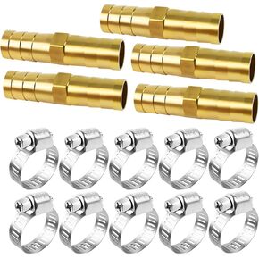 5-Piece 3/8 Barb Fitting（10mm）10PCS Stainless Steel Pipe Clamps Air Hose Repair Kit Watertight Brass Barb Fittings for Water, Fuel, And Air - Ideal for Soaker Hoses, Pressure Washers, And More