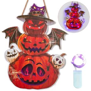 Halloween Pumpkin Decorations for Wall: 16.5inch Large Spooky Door Decor for Outdoor Indoor - Lighted Hanging Scary Bats Sign for Front Porch Window Party Gift