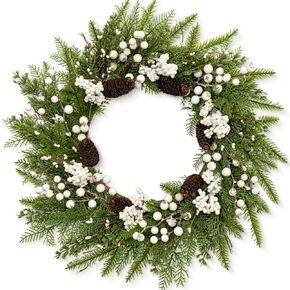 Outdoor Christmas Wreath 22 Inch Winter Wreaths for Front Door Artificial Norfolk Pine Wreath with White Berries and Pine Cones for Xmas Holiday Decoration
