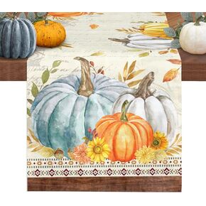Fall Table Runner 13x70 Inches Long Blue Pumpkin Table Runners Floral Leaves Cotton Linen Autumn Harvest Dresser Scarf Kitchen Dining Table Decor for Thanksgiving Holiday Party Coffee Indoor Outdoor in Kuwait