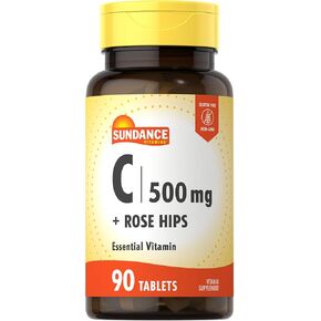 Sundance Vitamin C with Rose HIPS | 500mg | 90 Vegetarian Tablets | Essential Vitamin | Vegetarian, Non-GMO, and Gluten Free Supplement
