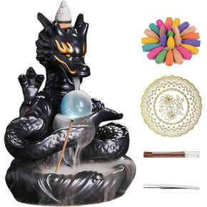 Dragon Shape Incense Waterfall, Ceramic Backflow Incense Holder, Handmade Waterfall Incense Burner with 20 Backflow Incense Cones + 30 Incense Sticks, Home Office Decor
