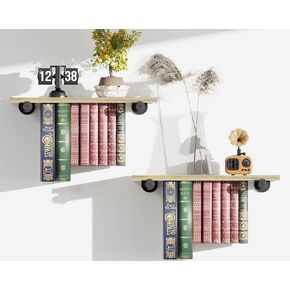 Floating Bookshelves, Bookshelf with Industrial Pipe Brackets, Book Display Shelf for Wall, Unique Space-Saving Book Shelf Wall Book Holder, Wood Hanging Bookshelf, Great for Room Decor