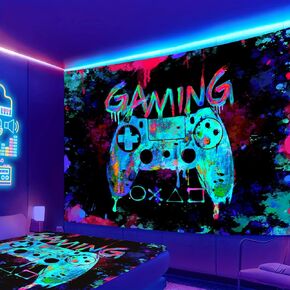 PreLiving Colorful Gaming Tapestry - Neon Game Controller Wall Art, 60x50 Inch, Dynamic Gamer Room Decor, Vivid Playroom Wall Hanging, Video Game Theme, Gift for Gaming Enthusiasts