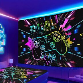 PreLiving Colorful Gaming Tapestry - Neon Game Controller Wall Art, 60x50 Inch, Dynamic Gamer Room Decor, Vivid Playroom Wall Hanging, Video Game Theme, Gift for Gaming Enthusiasts
