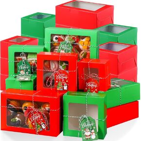 Maxcheck 24 Pcs Christmas Cookie Boxes with Window, 4" 6" 9" Merry Christmas Red Green Cookie Tins with Lids, Claus Snowman Bakery Treat Boxes with Tags and Ribbons Xmas Party Favors