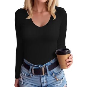 SANDERY T Shirts for Women Short Sleeve V Neck Solid Basic Casual Ribbed Slim Fitted Tops