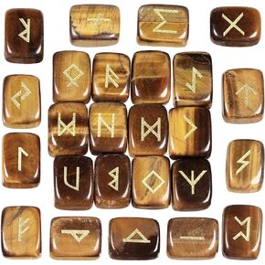 TUMBEELLUWA Energy Tiger's Eye Rune Stones Set with Engraved Elder Futhark Alphabet Lettering Energy Crystal Stone Kit for Divination, Wicca, Meditation