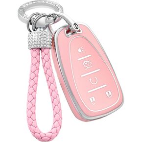 OFFCURVE Car Key Fob Cover with Keychain for Chevy, Car Key Case Fit for Chevrolet Chevy GMC Buick Encore Terrain Malibu Camaro Cruze Impala Equinox Volt Spark Sonic Car Smart Key Accessories, Pink
