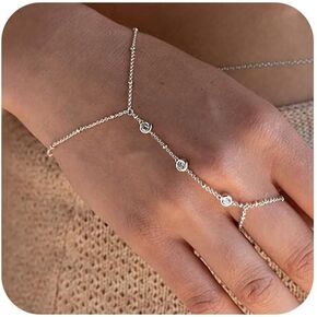 Hand Chain Bracelet 14K Plated Gold Bracelet Stack Finger Ring for Women Girls Adjustable Rhinestone Ring Bracelet Hand Chain for Women Trendy Jewelry Non Tarnish Gold Ring Hand Bracelet