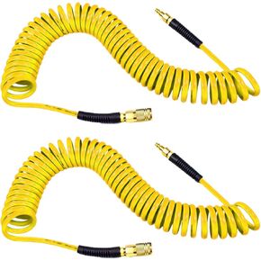 YOTOO Polyurethane Recoil Air Hose 1/4" Inner Diameter by 25' Long with Bend Restrictor, 1/4" Industrial Quick Coupler and Plug, Yellow. 2-Pack