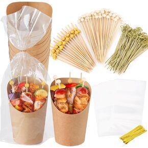 60pcs Individual 14oz Disposable Charcuterie Cups with Sticks,300pcs Cocktail Skewers,60 Portable Bags, Brown Paper Appetizer Cups for French Fry, Party Supplies