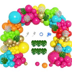 158Pcs Tropical Balloon Arch Garland Kit, Hawaiian Luau Aloha Flamingo Party Decorations Olive Green Hot Pink Orange Rose Gold Confetti Balloons Palm Leaves Birthday Baby Shower Summer Beach Supplies