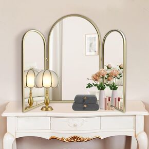 Trifold Vanity Mirrors 3 Way, 30 x 37in Adjustable Vanity Mirrors for Bathroom, Bedroom, Champaign Golden Arch Mirrors Wall Mounted Decoration, Braiding Hair, Makeup 360° Way