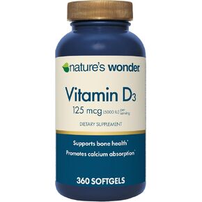 Nature's Wonder High Potency Vitamin D3 125 mcg Softgels for Bone Health, Immune Health, 360 Day Supply, 360 Softgels