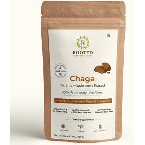 ROOTED Actives, Siberian Chaga Mushroom Extract, USDA & EU Organic| 35% Beta Glucans - Lab Verified | Cardio, Antioxidant & Immunity Support (4.23 Ounce)