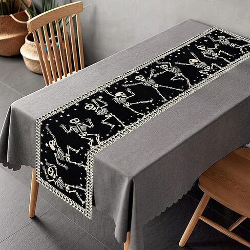 مفرش طاولة الهالوين على شكل هيكل عظمي مخيف للهالوين لتزيين طاولة الطعام والمطبخ، مقاس 72 × 13 بوصة in Kuwait