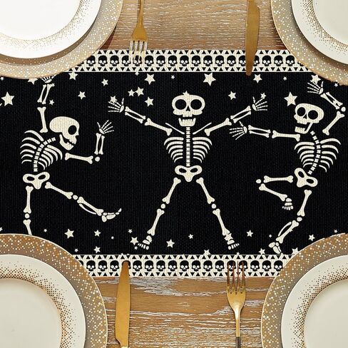 مفرش طاولة الهالوين على شكل هيكل عظمي مخيف للهالوين لتزيين طاولة الطعام والمطبخ، مقاس 72 × 13 بوصة in Kuwait