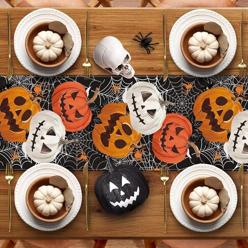 Black Pumpkins Spider Web Halloween Table Runner, Holiday Kitchen Dining Table Decoration for Indoor Outdoor Home Party Decor 13 x 72 Inch in Kuwait