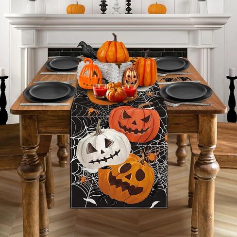 Black Pumpkins Spider Web Halloween Table Runner, Holiday Kitchen Dining Table Decoration for Indoor Outdoor Home Party Decor 13 x 72 Inch in Kuwait