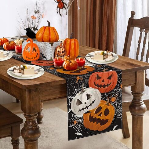 Black Pumpkins Spider Web Halloween Table Runner, Holiday Kitchen Dining Table Decoration for Indoor Outdoor Home Party Decor 13 x 72 Inch in Kuwait