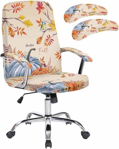 مرحبا الخريف غطاء كرسي مكتب كبير لمط مع أغطية مسند الذراع، عيد الشكر اليقطين يترك الطيور الأزرق البرتقالي القابل للإزالة كرسي الكمبيوتر الخلفي يغطي مكتب مكتب كرسي مقعد وسادة الأغلفة in Kuwait