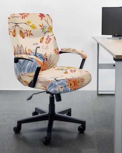 مرحبا الخريف غطاء كرسي مكتب كبير لمط مع أغطية مسند الذراع، عيد الشكر اليقطين يترك الطيور الأزرق البرتقالي القابل للإزالة كرسي الكمبيوتر الخلفي يغطي مكتب مكتب كرسي مقعد وسادة الأغلفة in Kuwait
