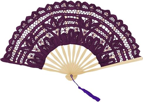 TopTie Dark Purple Lace Fan, Bamboo Lace Folding Fan, Elegant Cotton Fabric Hand Fans for Women with Bamboo Staves and Silk Tassels, Perfect for Wedding, Party, Halloween Decoration in Saudi Arabia
