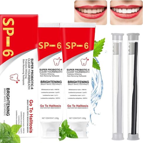 معجون أسنان Sp-6 Ultra Whitening، Sp 6، معجون أسنان Ultra Whitening Sp - 6، معجون أسنان بروبيوتيك لتفتيح الأسنان، معجون أسنان للعناية بالتنظيف العميق (قطعتان + 2* فرشاة أسنان) in Saudi Arabia