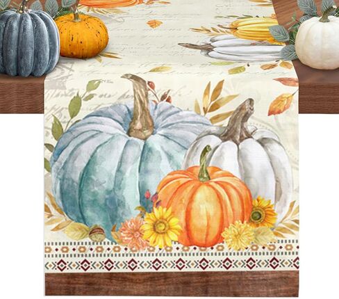 مفرش طاولة الخريف مقاس 13 × 70 بوصة، مفارش طاولة اليقطين الأزرق الطويلة، أوراق الزهور، القطن والكتان، وشاح حصاد الخريف، ديكور طاولة الطعام في المطبخ لعيد الشكر، وحفلات القهوة في الأماكن المغلقة وفي الهواء الطلق in Kuwait