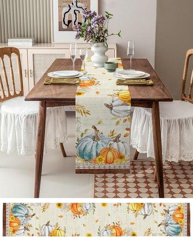 مفرش طاولة الخريف مقاس 13 × 70 بوصة، مفارش طاولة اليقطين الأزرق الطويلة، أوراق الزهور، القطن والكتان، وشاح حصاد الخريف، ديكور طاولة الطعام في المطبخ لعيد الشكر، وحفلات القهوة في الأماكن المغلقة وفي الهواء الطلق in Kuwait