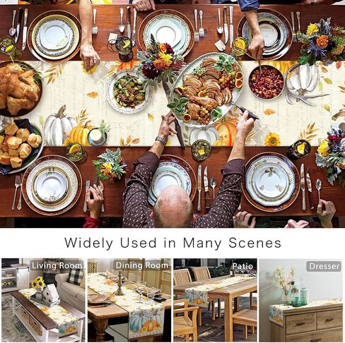 مفرش طاولة الخريف مقاس 13 × 70 بوصة، مفارش طاولة اليقطين الأزرق الطويلة، أوراق الزهور، القطن والكتان، وشاح حصاد الخريف، ديكور طاولة الطعام في المطبخ لعيد الشكر، وحفلات القهوة في الأماكن المغلقة وفي الهواء الطلق in Kuwait