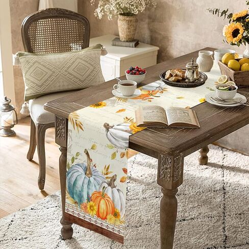 مفرش طاولة الخريف مقاس 13 × 70 بوصة، مفارش طاولة اليقطين الأزرق الطويلة، أوراق الزهور، القطن والكتان، وشاح حصاد الخريف، ديكور طاولة الطعام في المطبخ لعيد الشكر، وحفلات القهوة في الأماكن المغلقة وفي الهواء الطلق in Kuwait