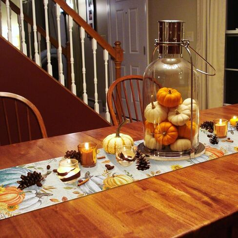مفرش طاولة الخريف مقاس 13 × 70 بوصة، مفارش طاولة اليقطين الأزرق الطويلة، أوراق الزهور، القطن والكتان، وشاح حصاد الخريف، ديكور طاولة الطعام في المطبخ لعيد الشكر، وحفلات القهوة في الأماكن المغلقة وفي الهواء الطلق in Kuwait