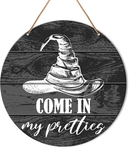 Muktoujaumai Witch Welcome Sign Front Door Decor, Halloween Witch Round Hanging Sign Decor Autumn Wall Wooden Decorations Halloween Witchy Black Wood Sign for Porch, Gothic Home, Come in My Pretties in Kuwait