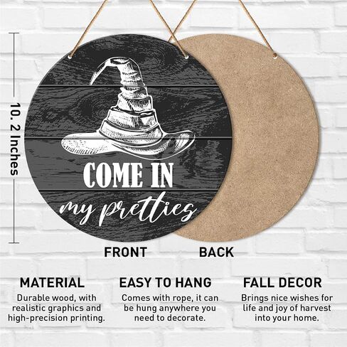 Muktoujaumai Witch Welcome Sign Front Door Decor, Halloween Witch Round Hanging Sign Decor Autumn Wall Wooden Decorations Halloween Witchy Black Wood Sign for Porch, Gothic Home, Come in My Pretties in Kuwait
