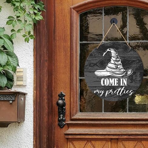 Muktoujaumai Witch Welcome Sign Front Door Decor, Halloween Witch Round Hanging Sign Decor Autumn Wall Wooden Decorations Halloween Witchy Black Wood Sign for Porch, Gothic Home, Come in My Pretties in Kuwait